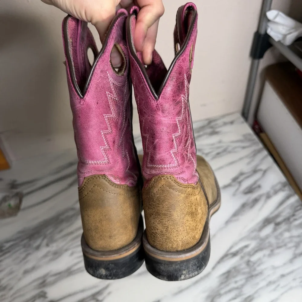 Shyanne Girls Pink & Brown Leather Western Boots Size 3 Cowgirl Boho Ranch Rodeo